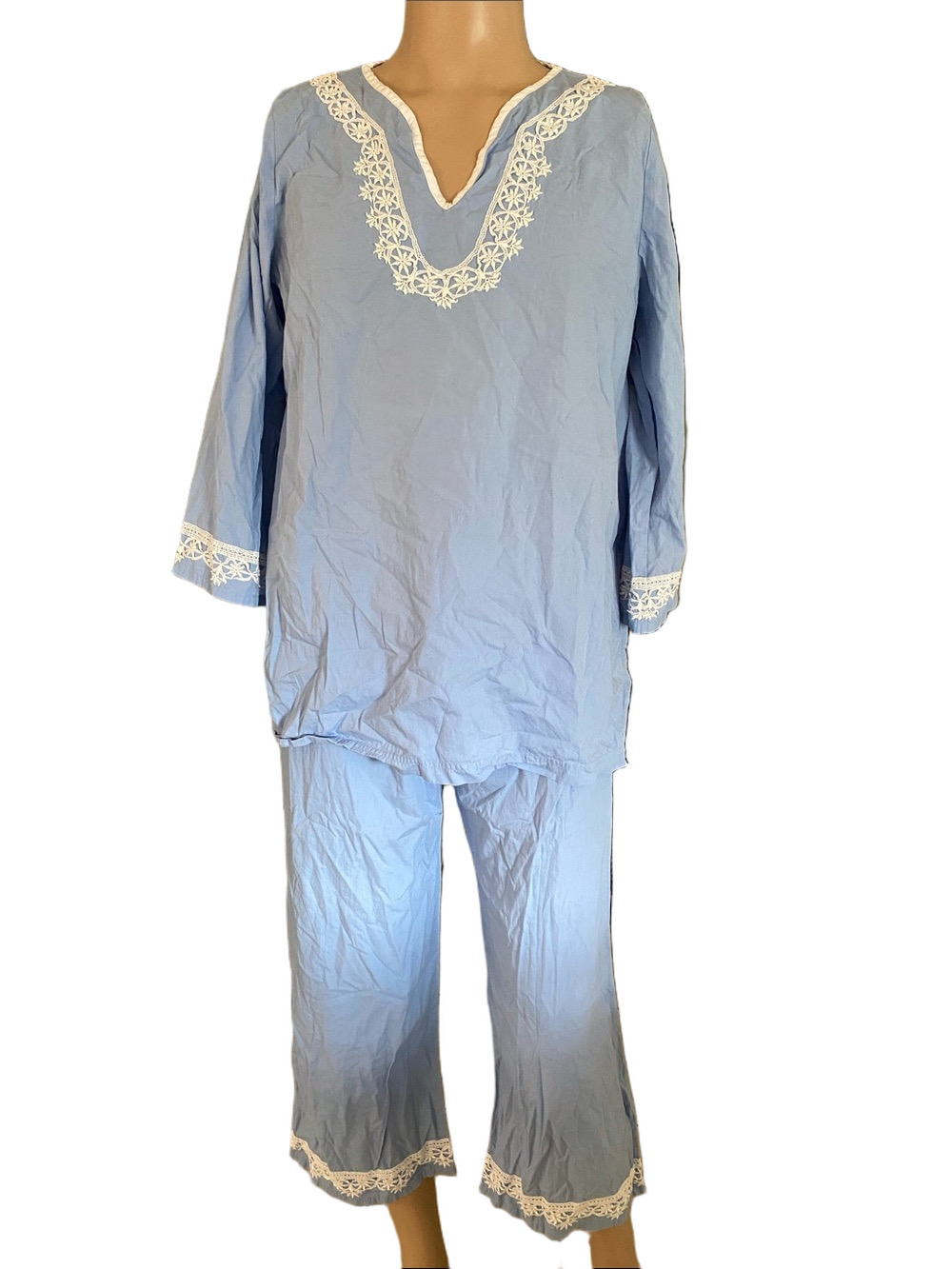 Pajamagram Light Blue Lace-Trim Cotton Women's Pajama Set